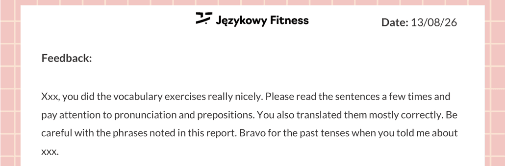 Sekcja Feedback w raporcie: pisemna informacja zwrotna po lekcji